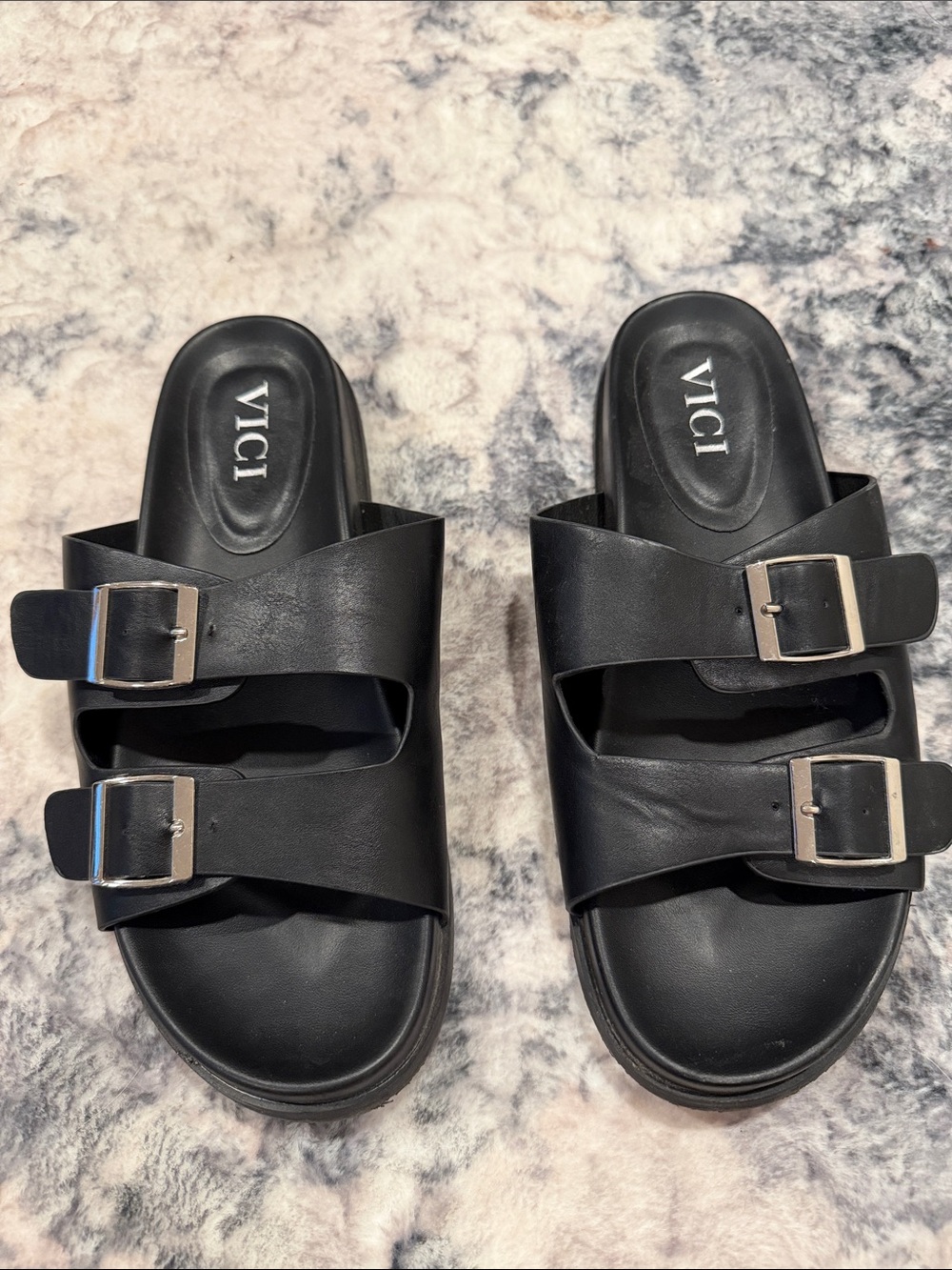 VICI Black Dual-Buckle Slide Sandals